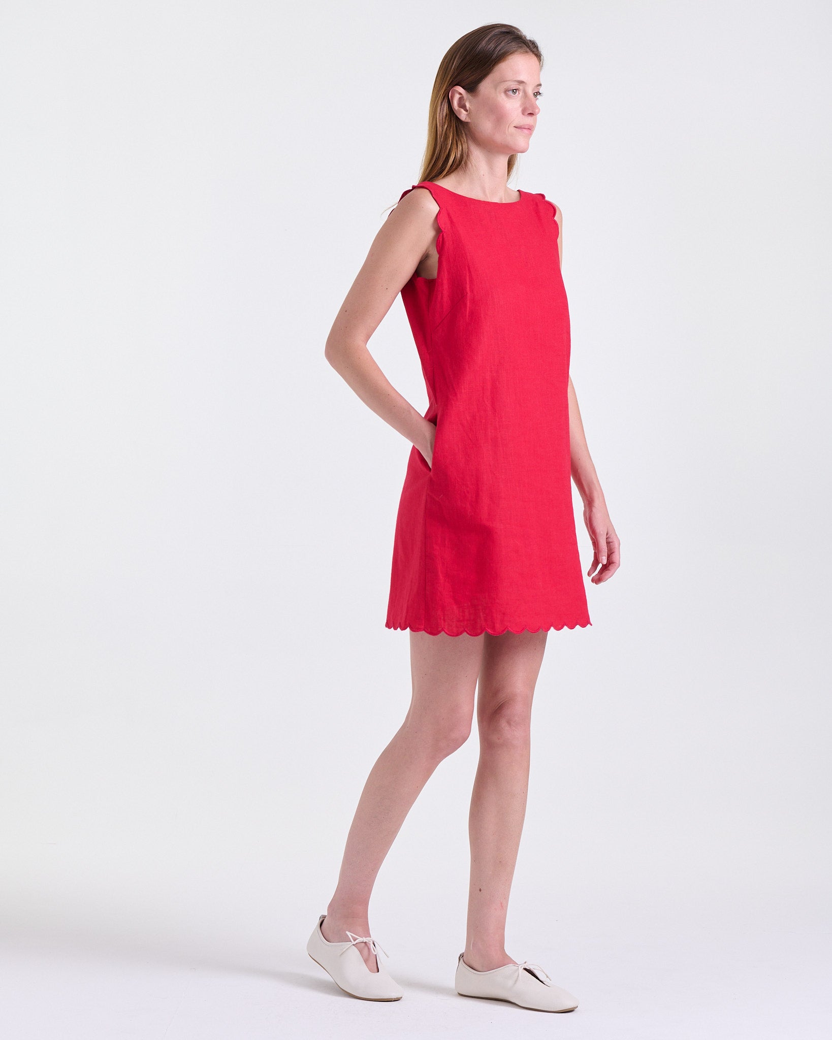 Agnes Dress in Red, scalloped armholes and hem, Casual Chic edit, Deméa Paris
