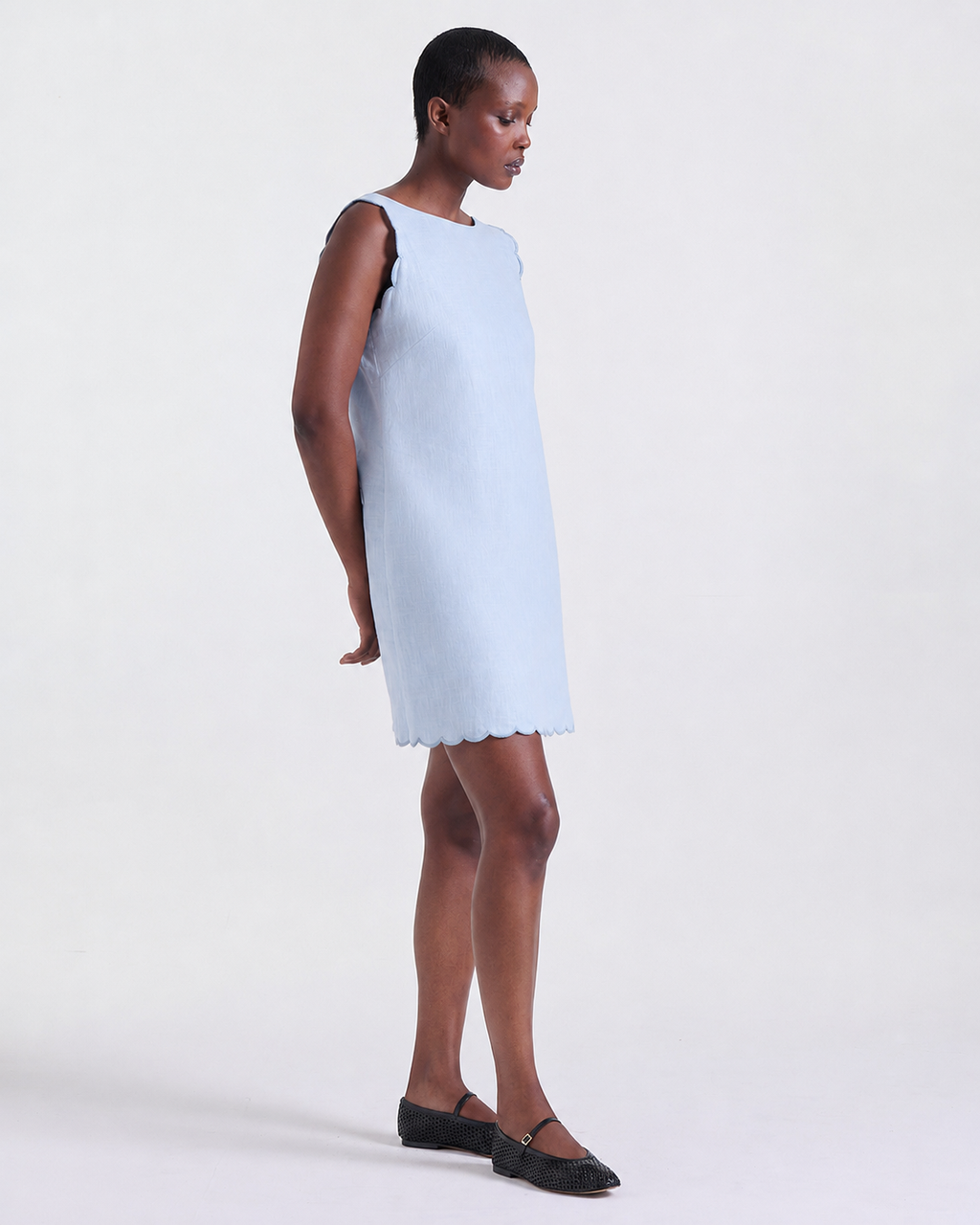 Agnes Dress in Baby Blue, scalloped armholes and hem, Casual Chic edit, Deméa Paris