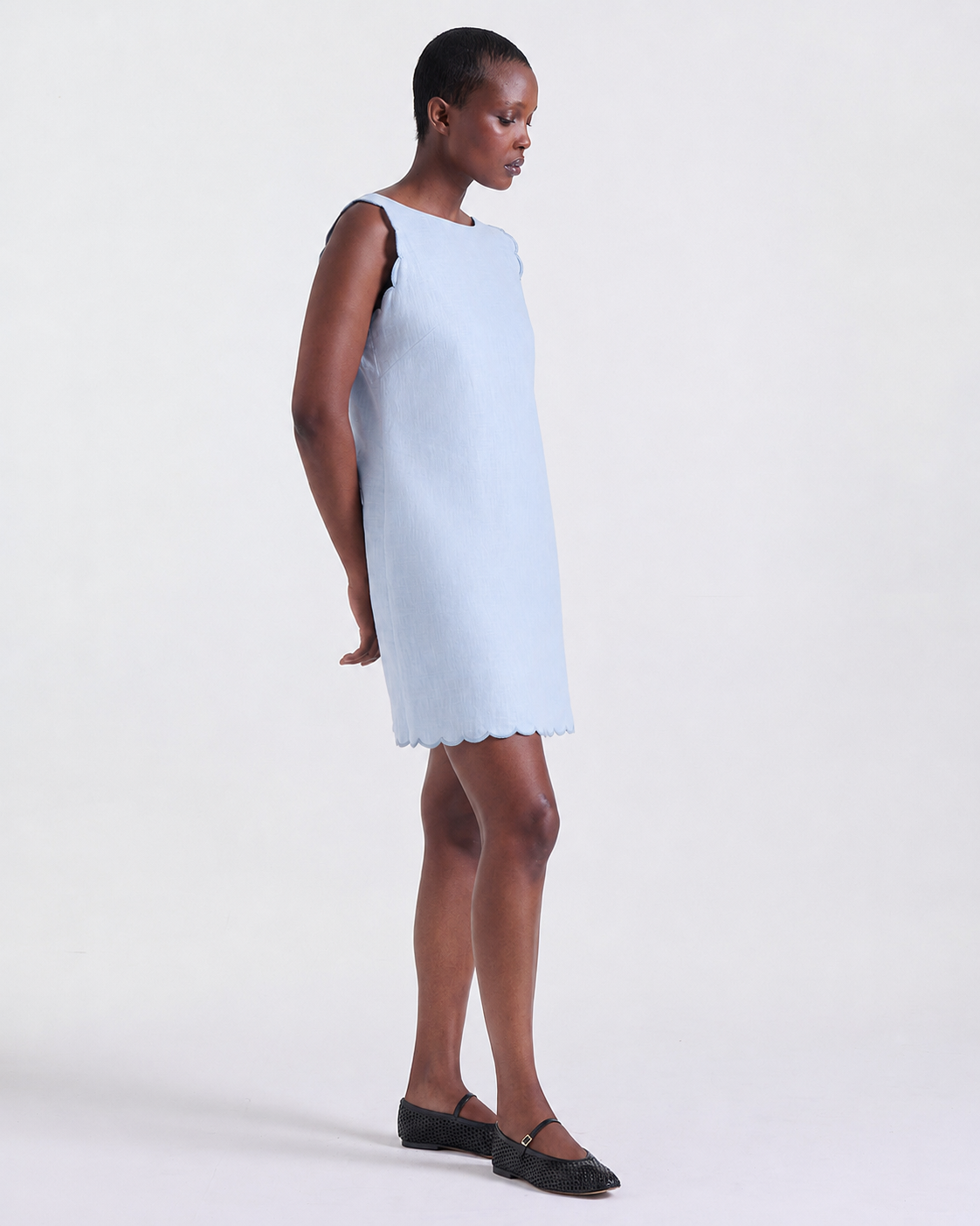 Agnes Dress in Baby Blue, scalloped armholes and hem, Casual Chic edit, Deméa Paris