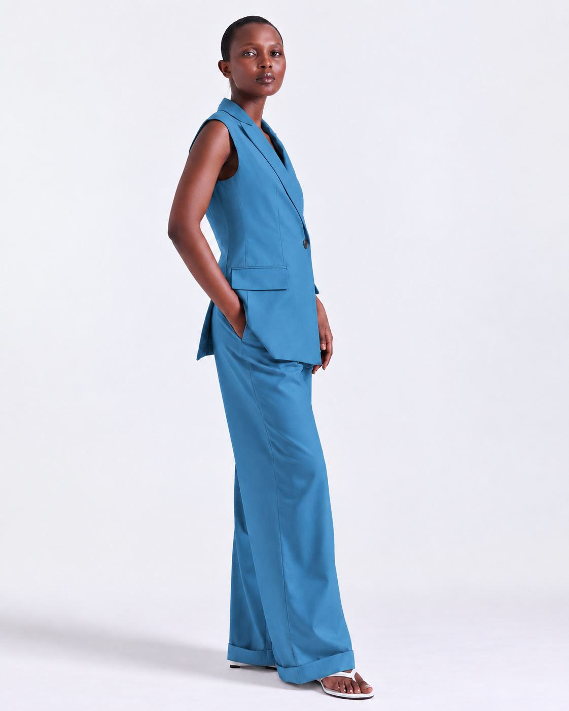 Alexandra Sleeveless Jacket in Teal, single-button closure in silver , Work edit, Deméa Paris