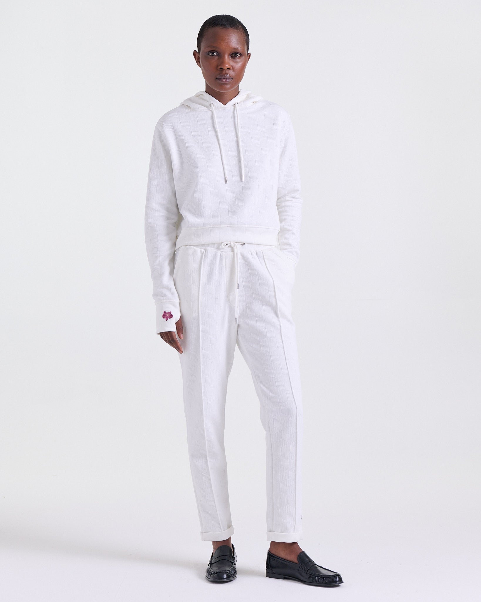 Alice Hoodie in Off White, embroidered details at hood and sleeve, Boarding Call edit, Deméa Paris