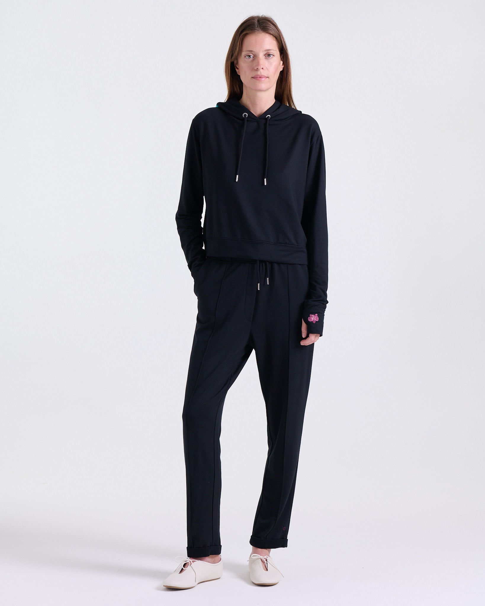 Alice Hoodie in Black, relaxed, slightly cropped fit, Boarding Call edit, Deméa Paris
