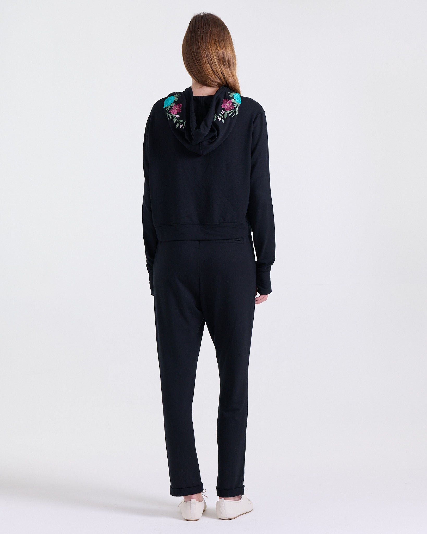 Alice Hoodie in Black, hood with drawstrings, Boarding Call edit, Deméa Paris