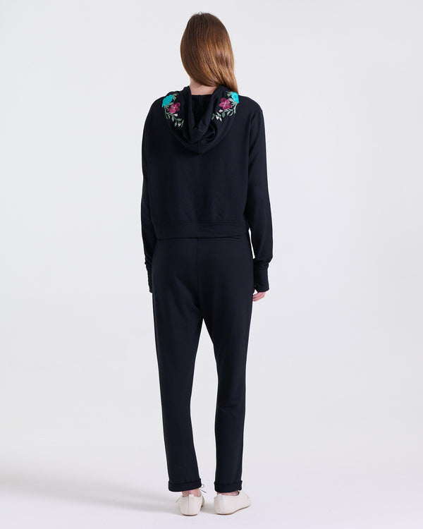 Alice Hoodie in Black, hood with drawstrings, Boarding Call edit, Deméa Paris
