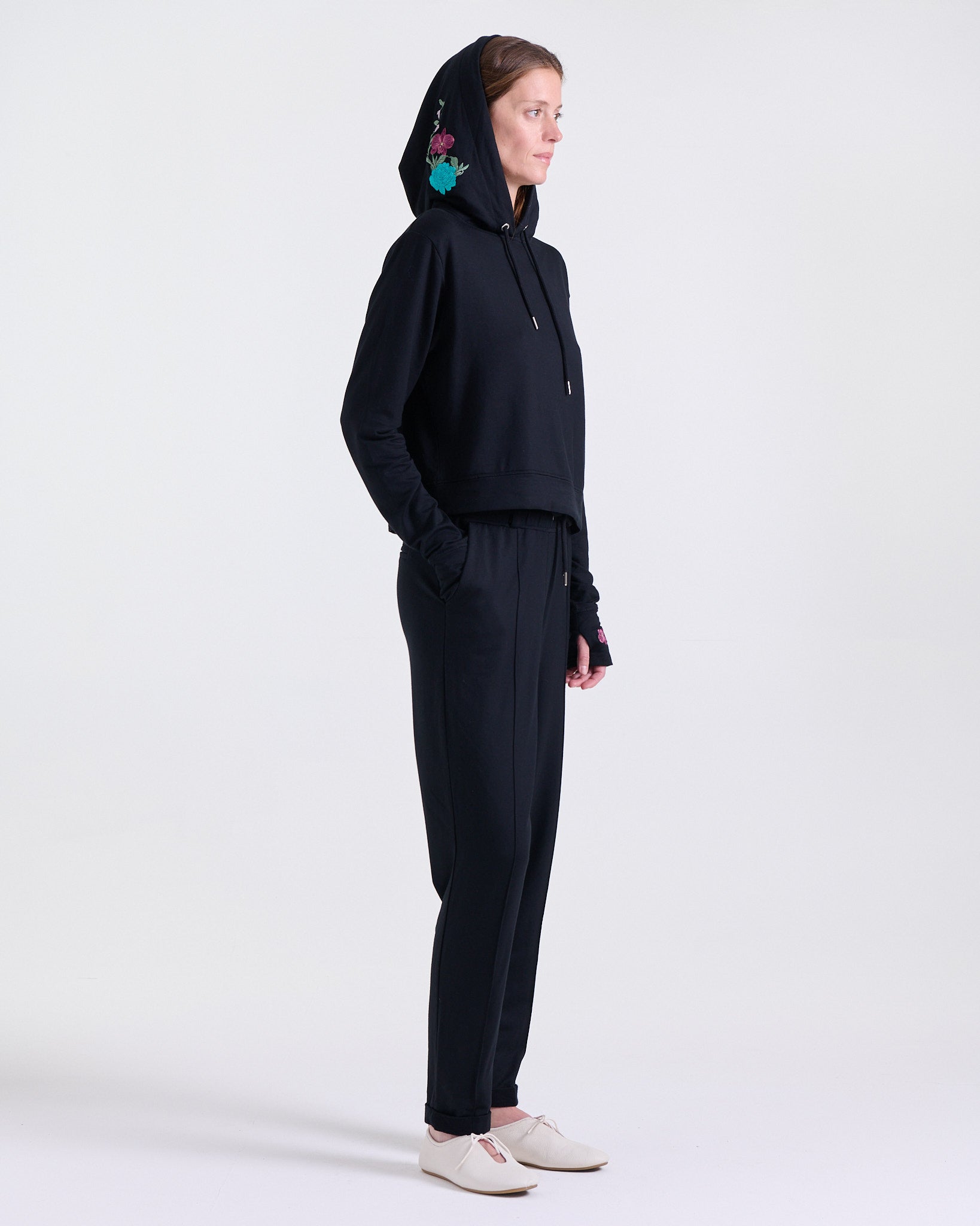 Alice Hoodie in Black, long sleeves with thumbhole cuffs, Boarding Call edit, Deméa Paris