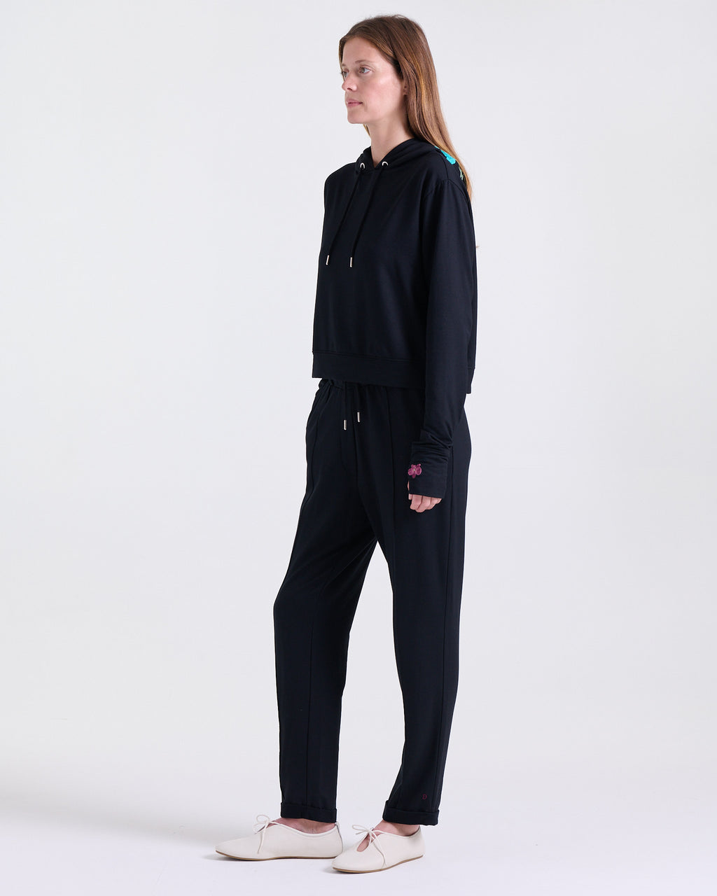 Alice Hoodie in Black, embroidered details at hood and sleeve, Boarding Call edit, Deméa Paris