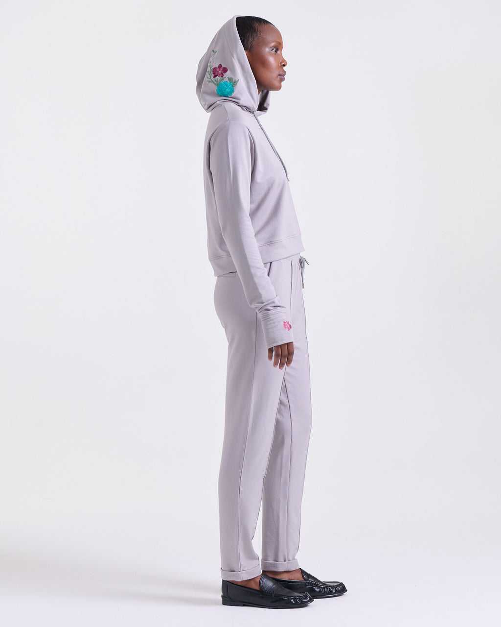 Alice Hoodie in Taupe, long sleeves with thumbhole cuffs, Boarding Call edit, Deméa Paris