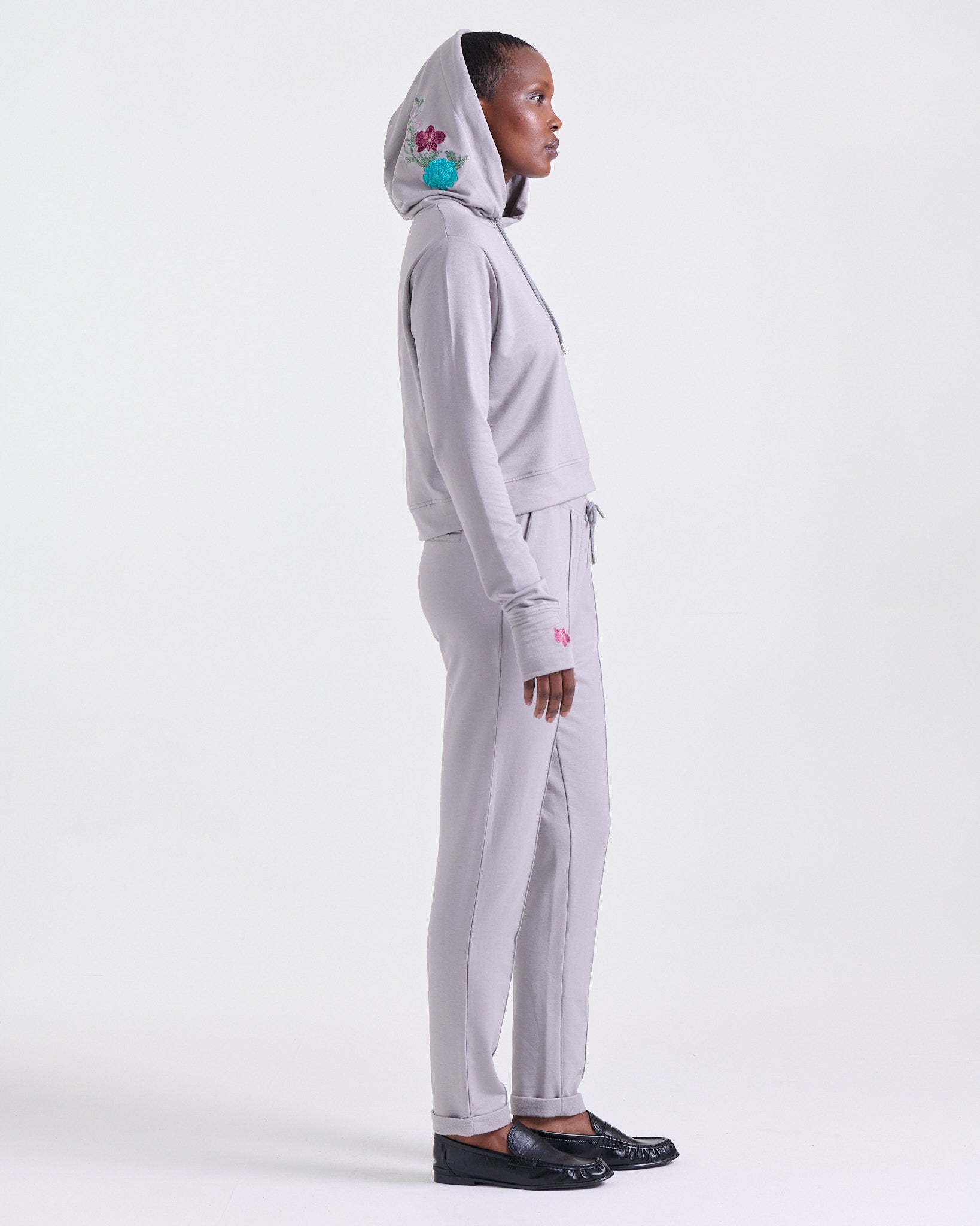 Alice Hoodie in Taupe, long sleeves with thumbhole cuffs, Boarding Call edit, Deméa Paris