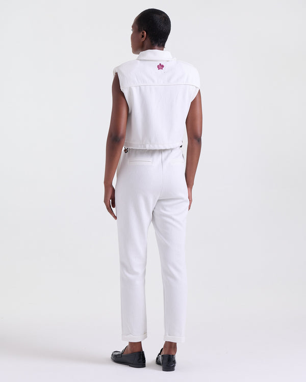 Alice Pants in White, slightly tapered leg, Boarding Call edit, Deméa Paris