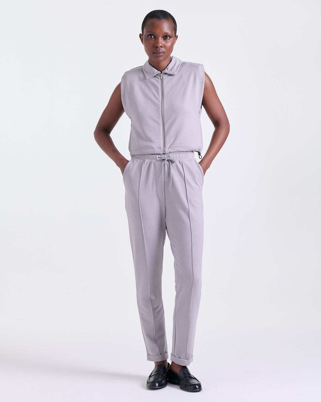 Alice Pants and Alicia Jacket in Taupe, ankle-length pants with a cropped jacket, Boarding Call set, Deméa Paris