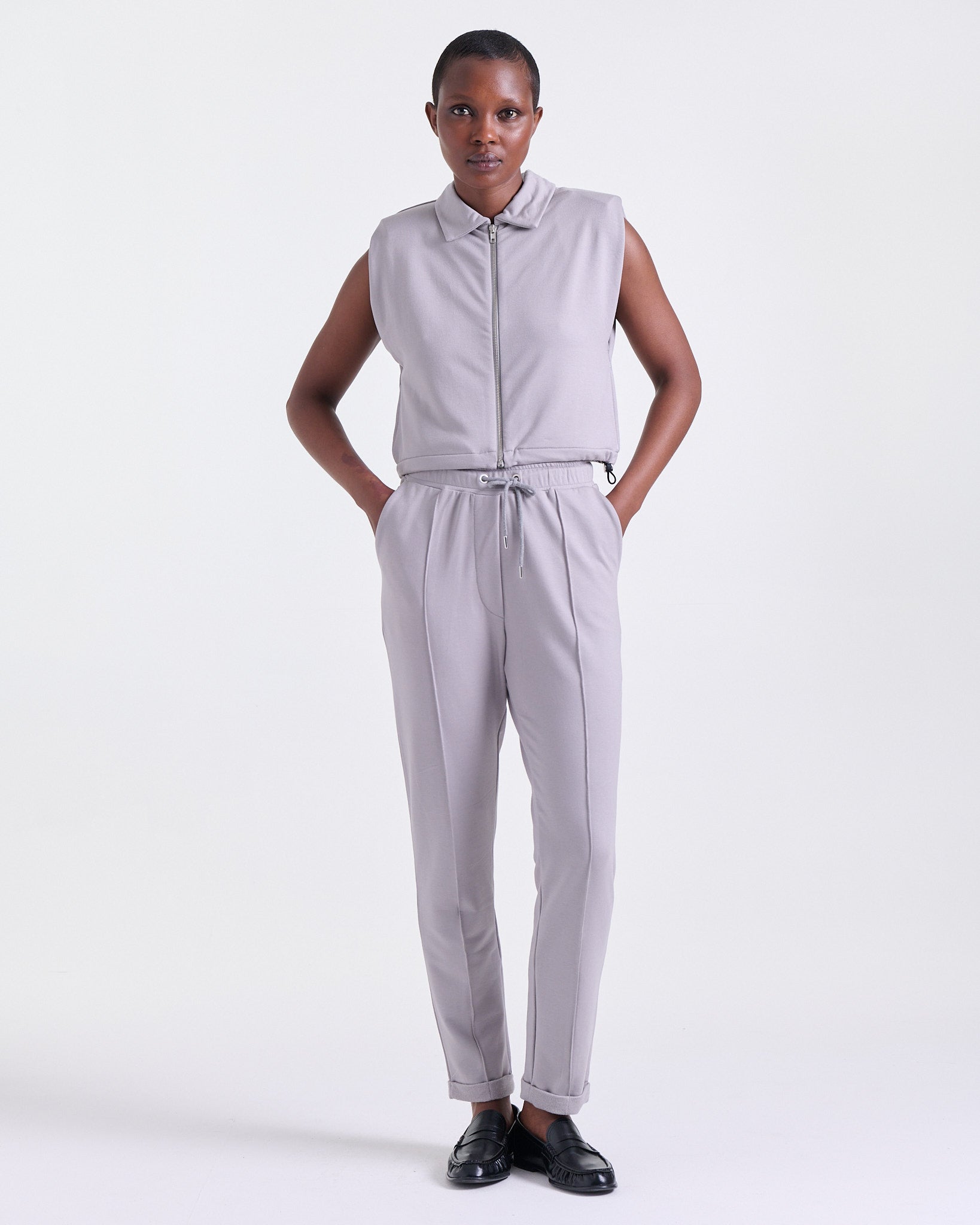 Alice Pants and Alicia Jacket in Taupe, ankle-length pants with a cropped jacket, Boarding Call set, Deméa Paris