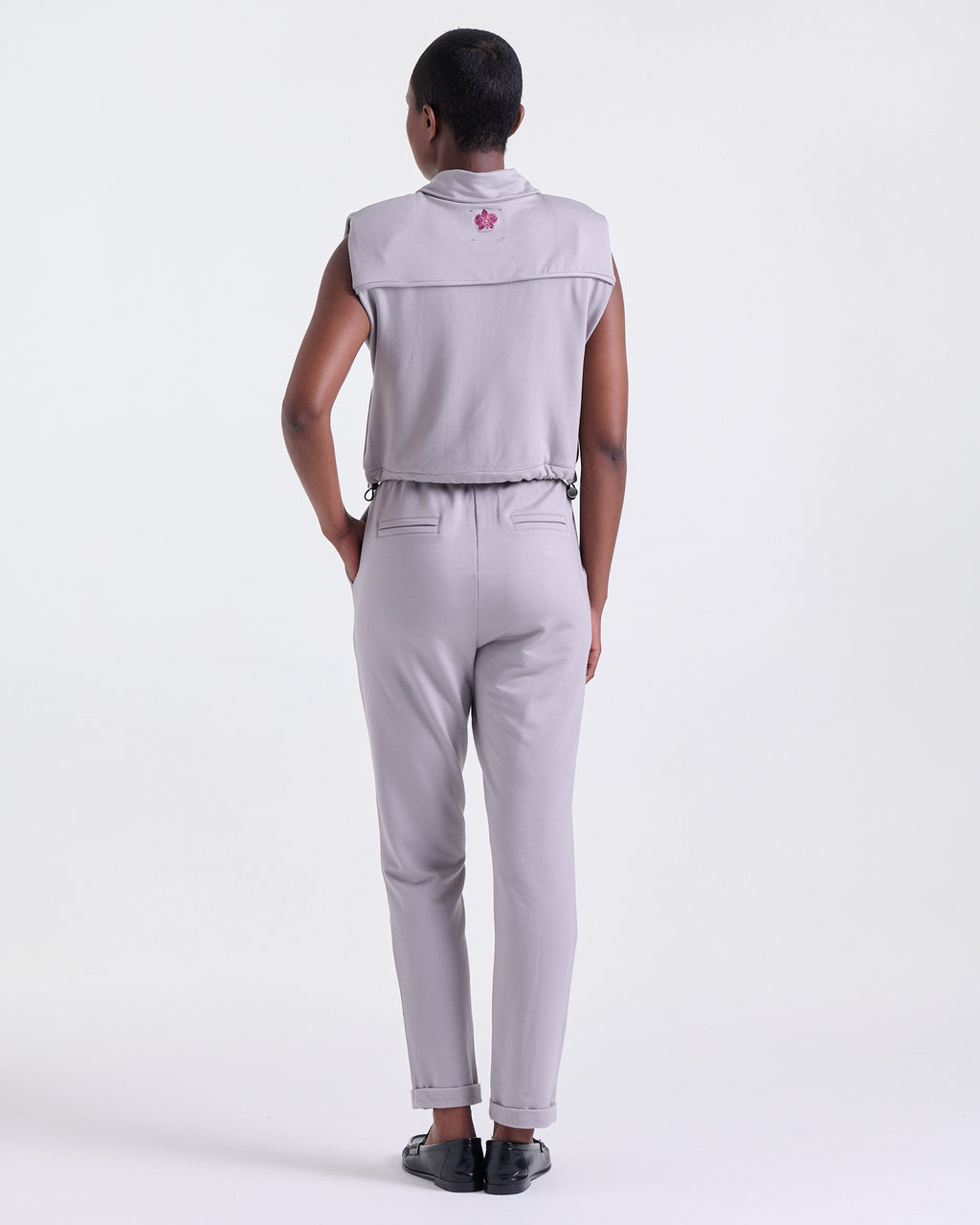 Alice Pants and Alicia Jacket in Taupe, front darts and zip-front jacket, Boarding Call set, Deméa Paris