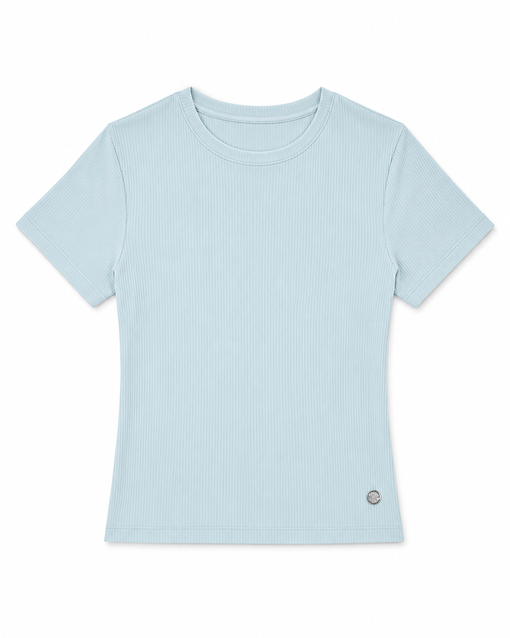 Alina Fitted T-shirt in Baby Blue, logo plaque at back collar, Boarding Call edit, Deméa Paris