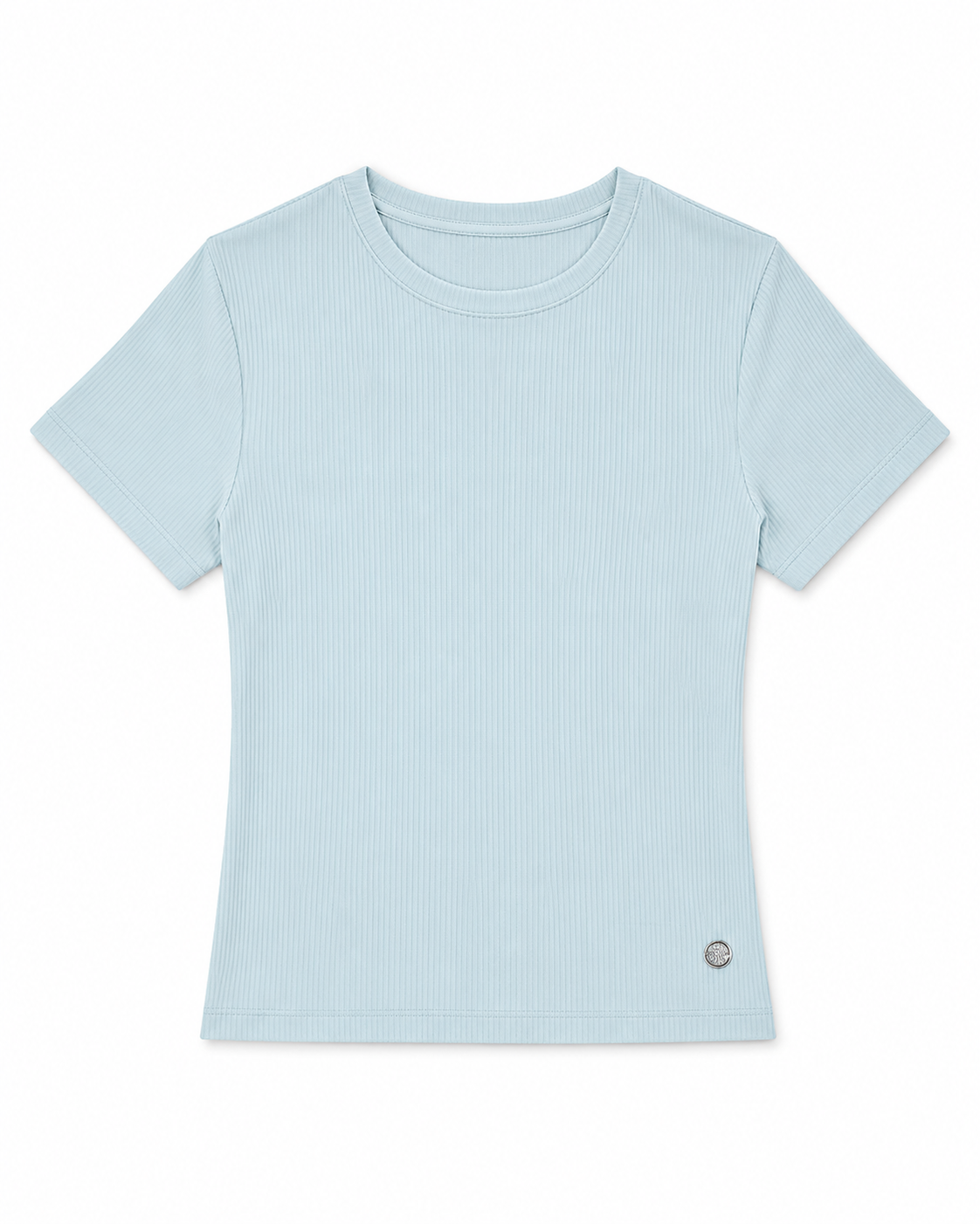 Alina Fitted T-shirt in Baby Blue, logo plaque at back collar, Boarding Call edit, Deméa Paris