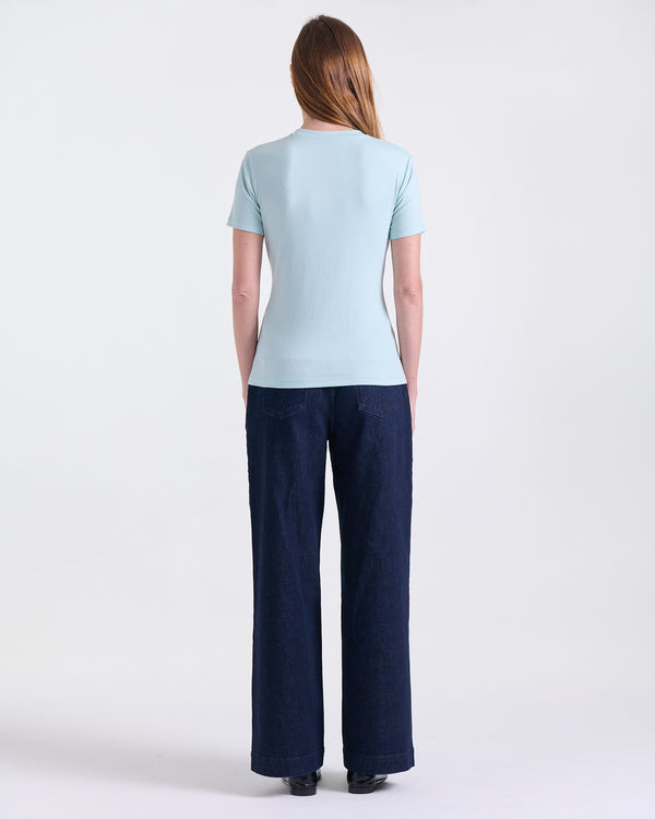 Alina Fitted T-shirt in Baby Blue, round collar, Boarding Call edit, Deméa Paris