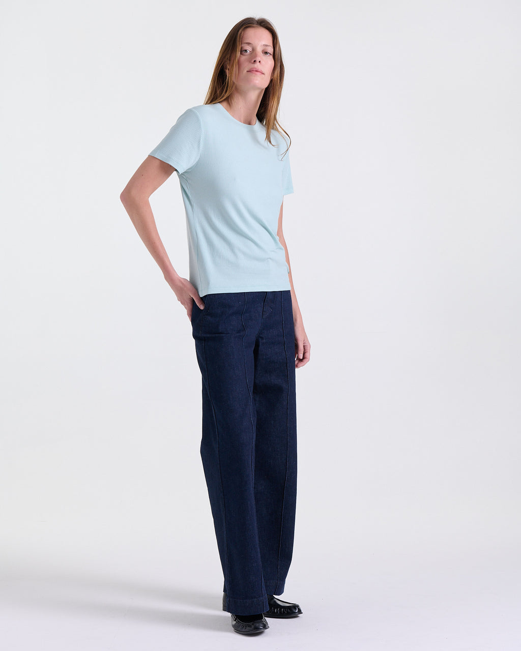 Alina Fitted T-shirt in Baby Blue, ribbed texture, Boarding Call edit, Deméa Paris