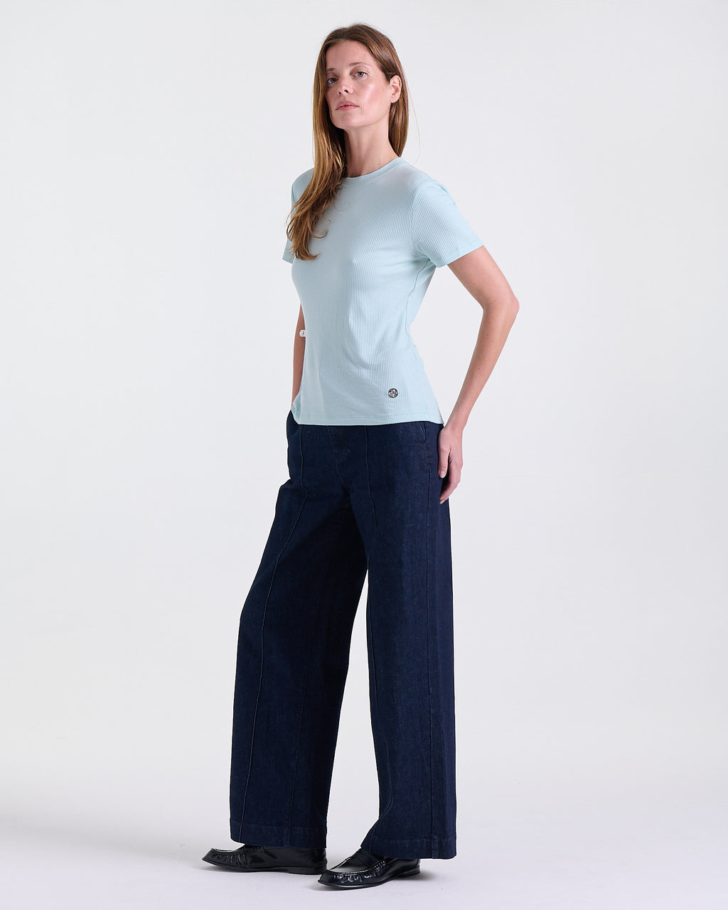 Alina Fitted T-shirt in Baby Blue, ultra-soft stretch fabric, Boarding Call edit, Deméa Paris