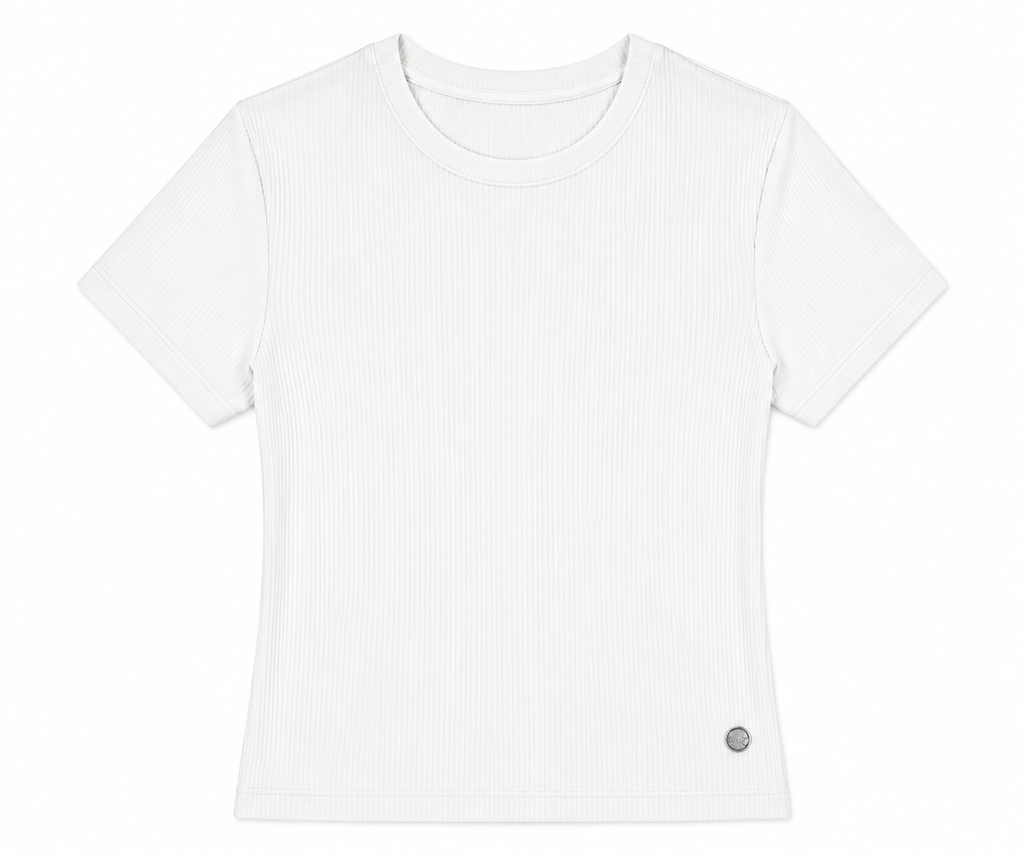 Alina Fitted T-shirt in White, round collar, Boarding Call edit, Deméa Paris