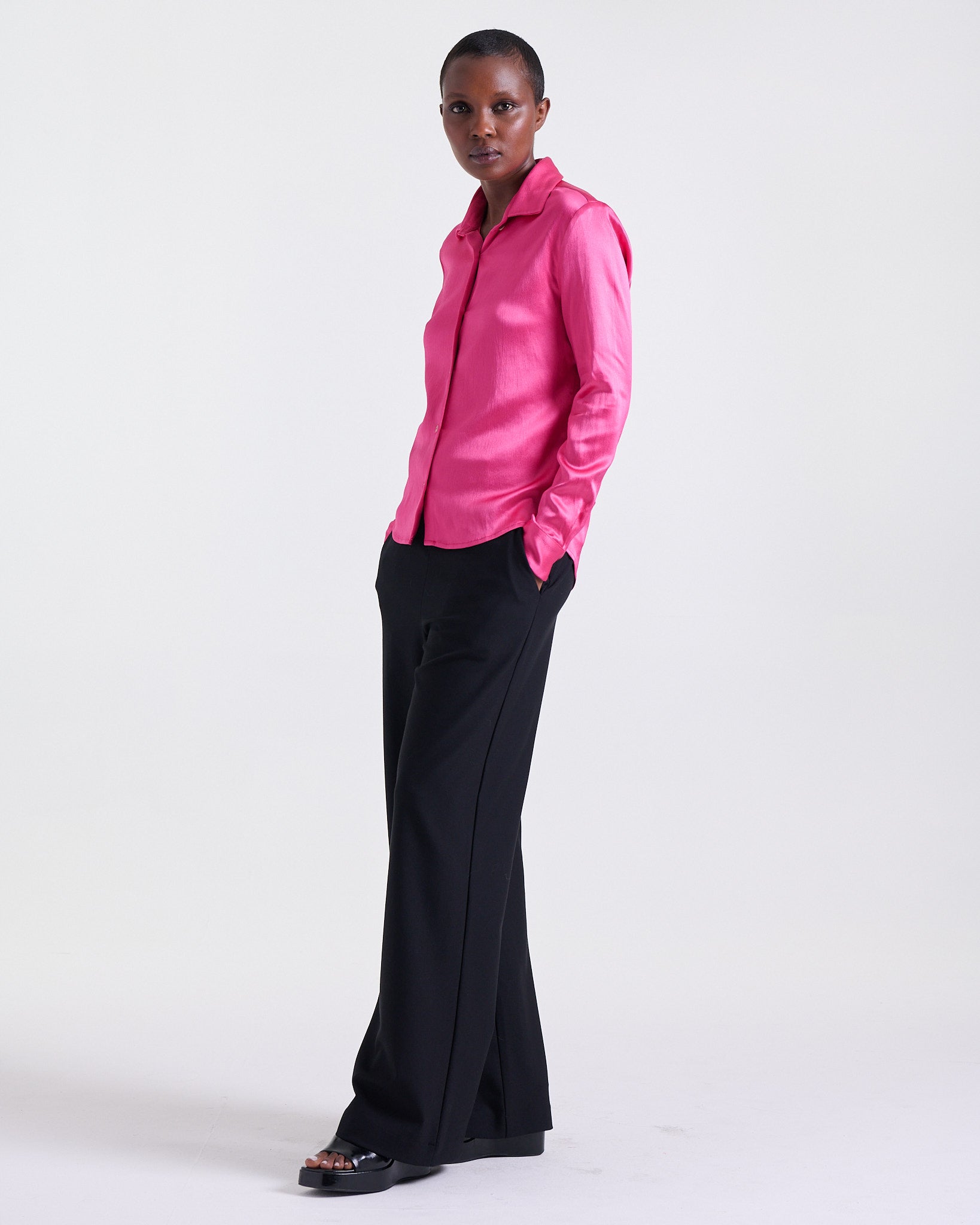 Alix Blouse in Pink, rounded cuffs with button detail, Work edit, Deméa Paris