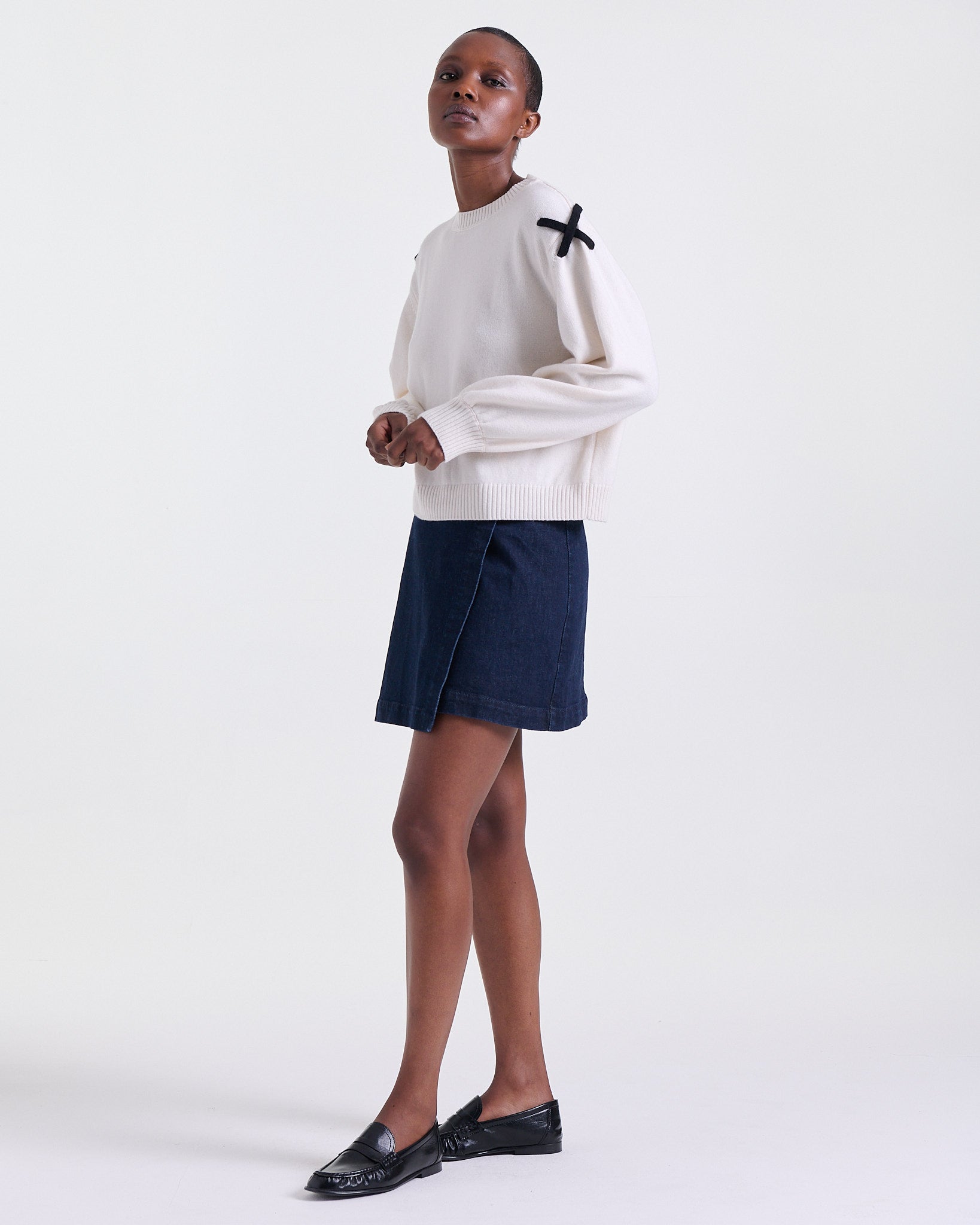 Aman Sweater in Off White, contrasting cross detail at shoulder, Work edit, Deméa Paris