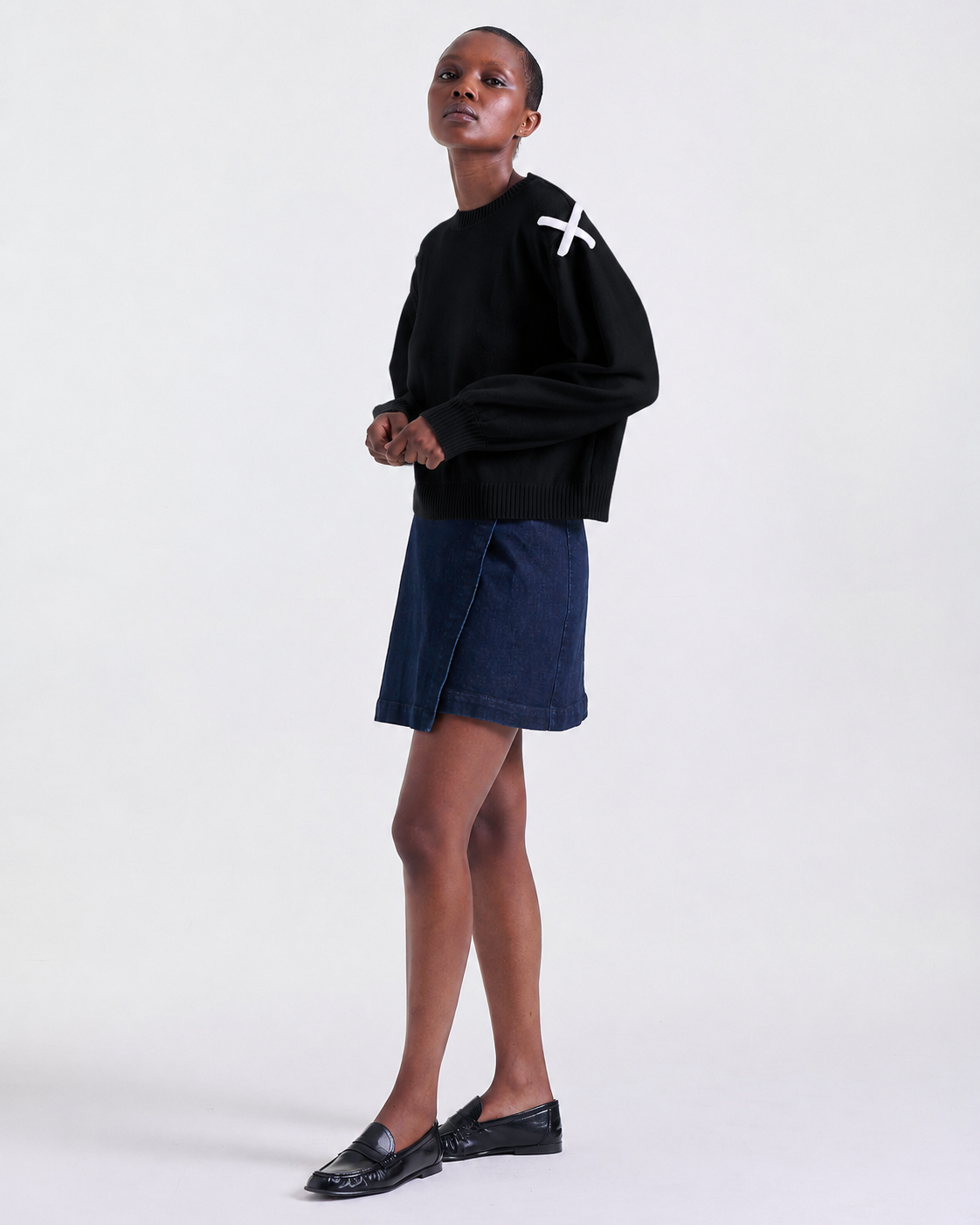 Aman Sweater in Black, contrasting cross detail at shoulder, Work edit, Deméa Paris