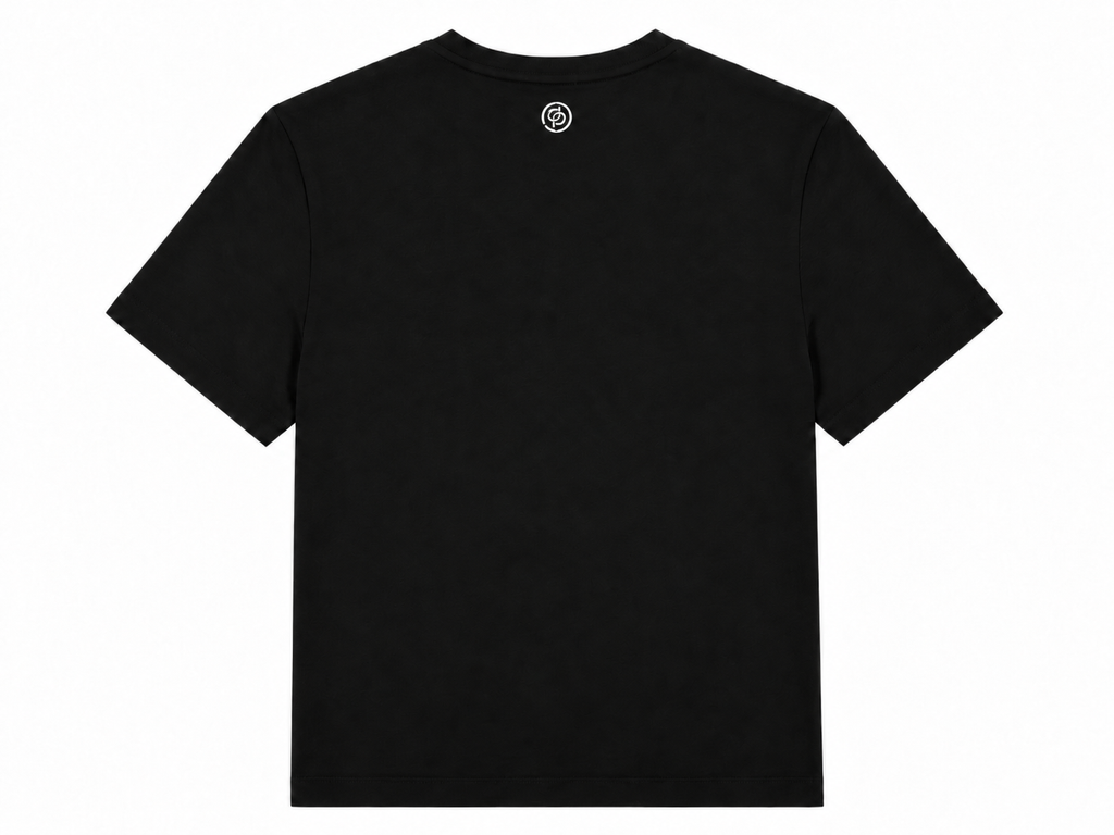 Amira T-shirt in Black, monogram badge at back of neck, Boarding Call edit, Deméa Paris