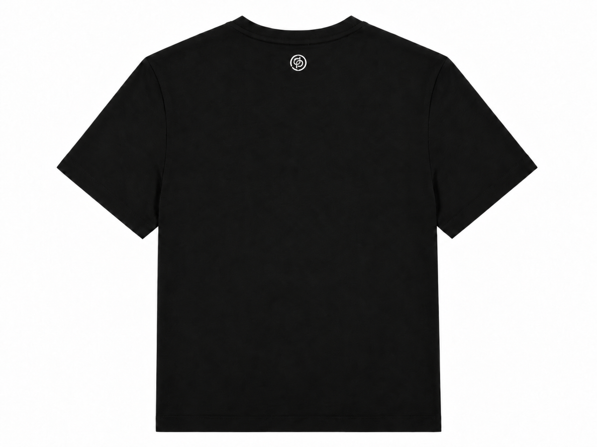 Amira T-shirt in Black, monogram badge at back of neck, Boarding Call edit, Deméa Paris