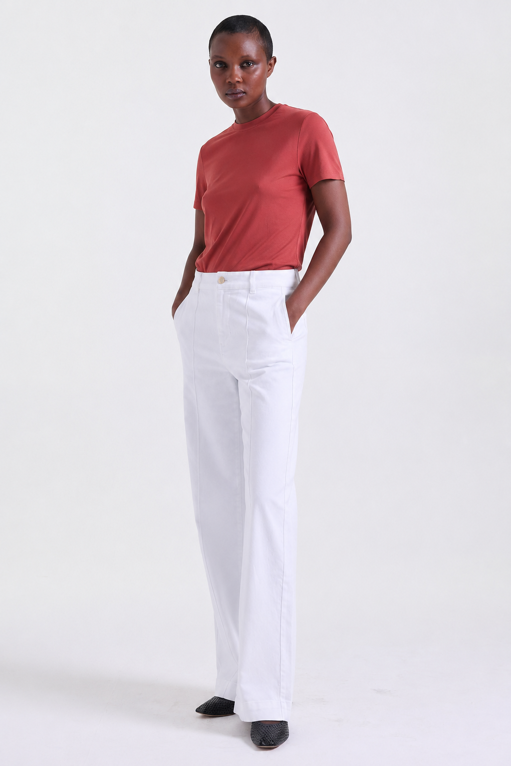 Amira T-shirt in Terracotta, soft, fluid fabric, Boarding Call edit, Deméa Paris