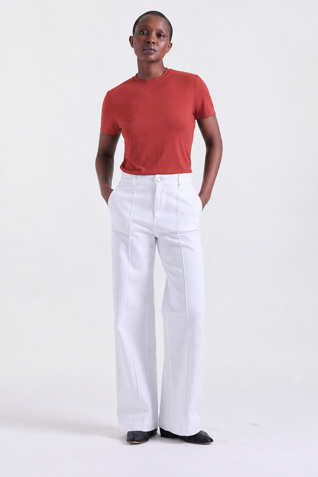 Amira T-shirt in Terracotta, lightweight feel, Boarding Call edit, Deméa Paris