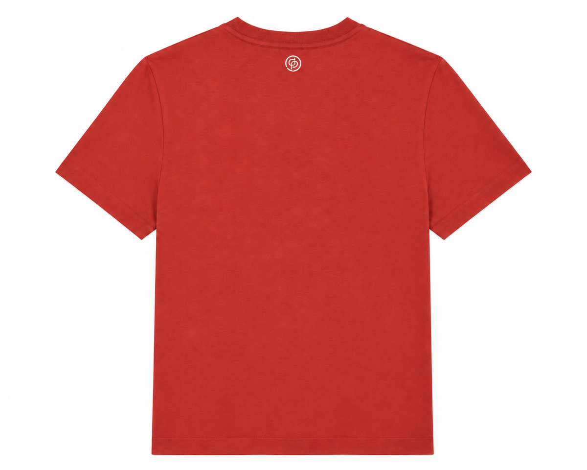 Amira T-shirt in Terracotta, monogram badge at back of neck, Boarding Call edit, Deméa Paris