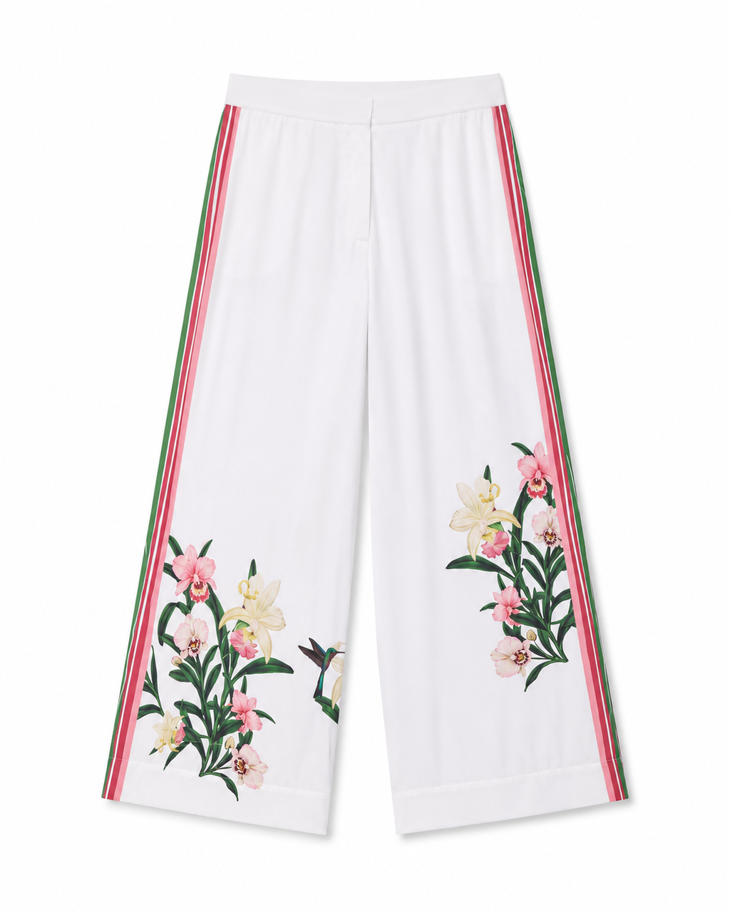 Andia Flowy Pants in White, printed lightweight viscose, Resort Escape edit, Deméa Paris