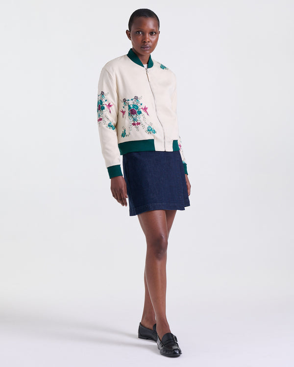 Ankara Bomber Jacket in White, reversible design, Boarding Call edit, Deméa Paris