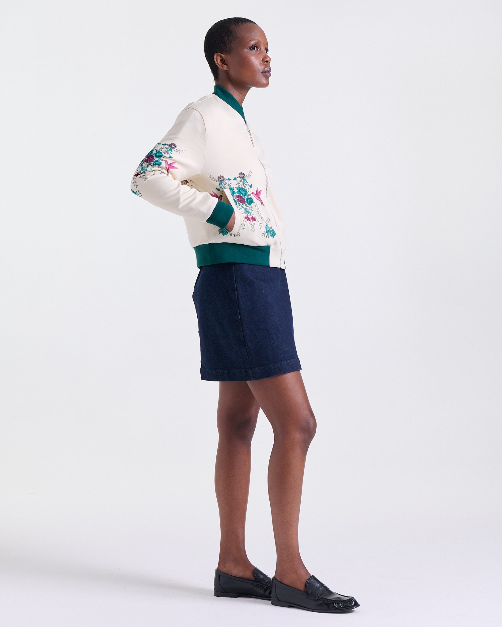 Ankara Bomber Jacket in White, ribbed collar, cuffs and hem, Boarding Call edit, Deméa Paris