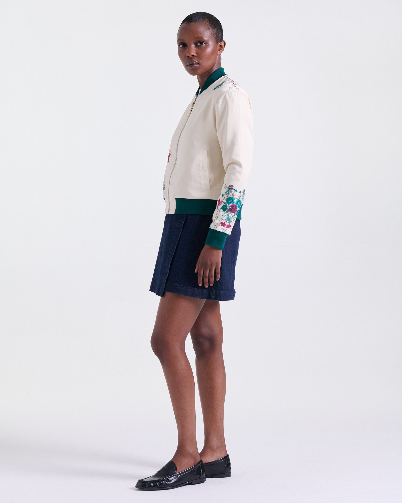 Ankara Bomber Jacket in White, floral printed side with contrast trims, Boarding Call edit, Deméa Paris