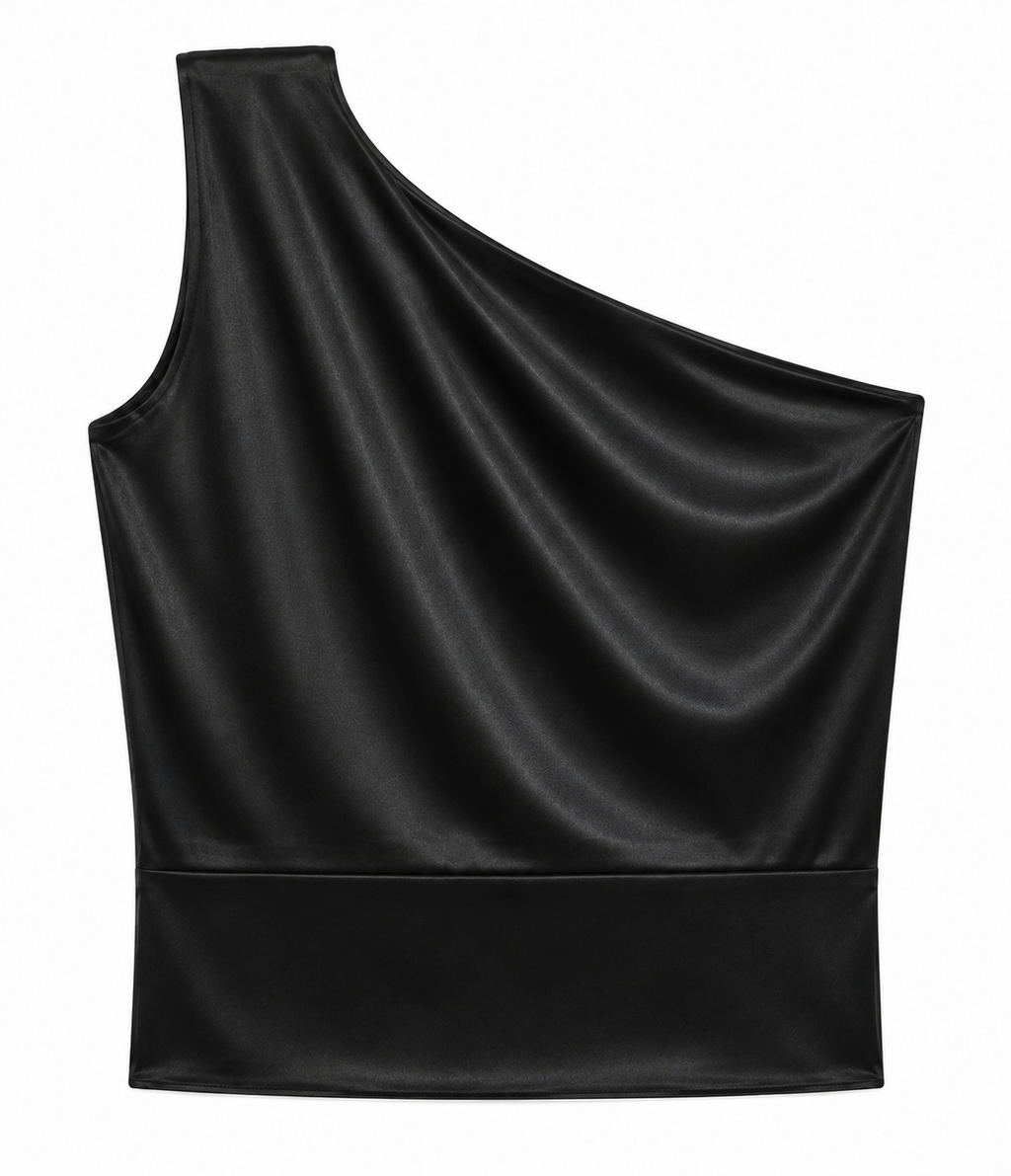 Annie Asymmetrical Top in Black, gold brooch detail, RSVP edit, Deméa Paris