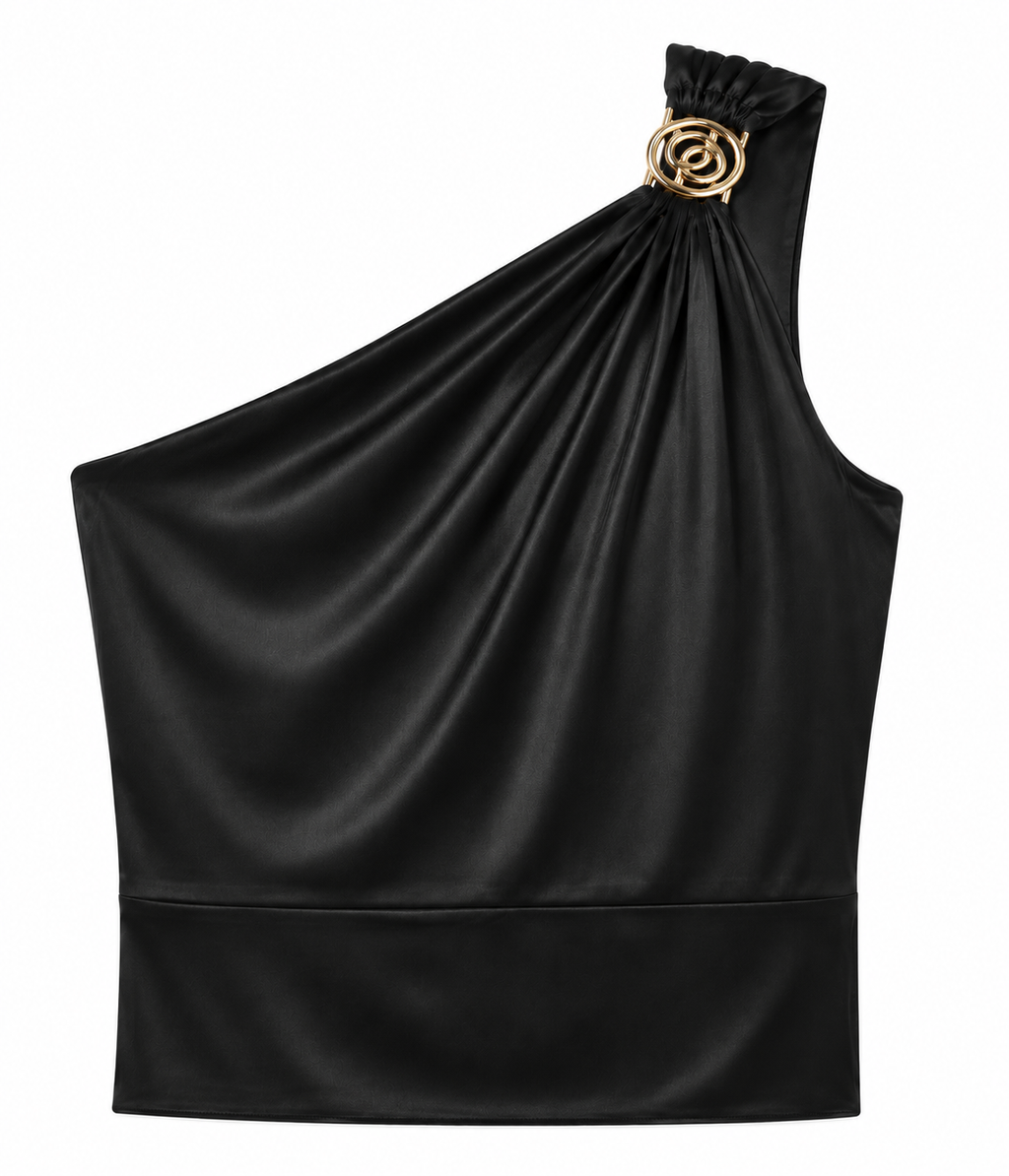 Annie Asymmetrical Top in Black, draped folds at shoulder, RSVP edit, Deméa Paris