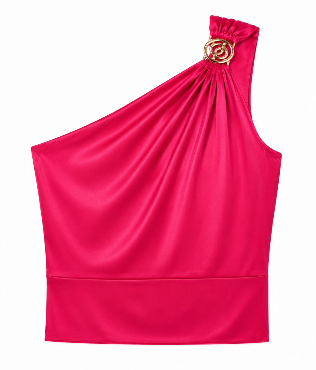 Annie Asymmetrical Top in Pink, draped folds at shoulder, RSVP edit, Deméa Paris