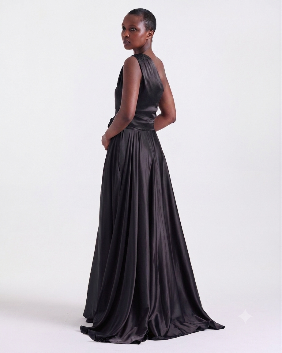 Annie Long Skirt in Black, fitted waistband with adjustable back ties, RSVP edit, Deméa Paris