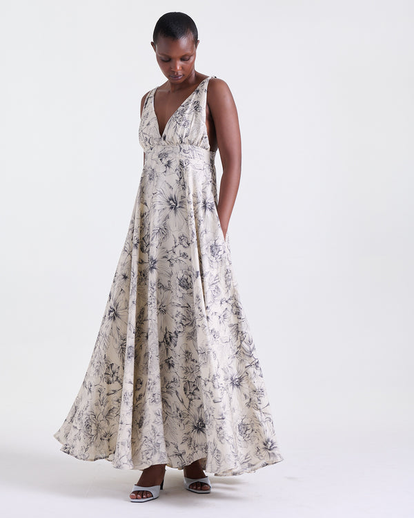 Assia Dress in White Printed, floor-length silhouette, RSVP edit, Deméa Paris