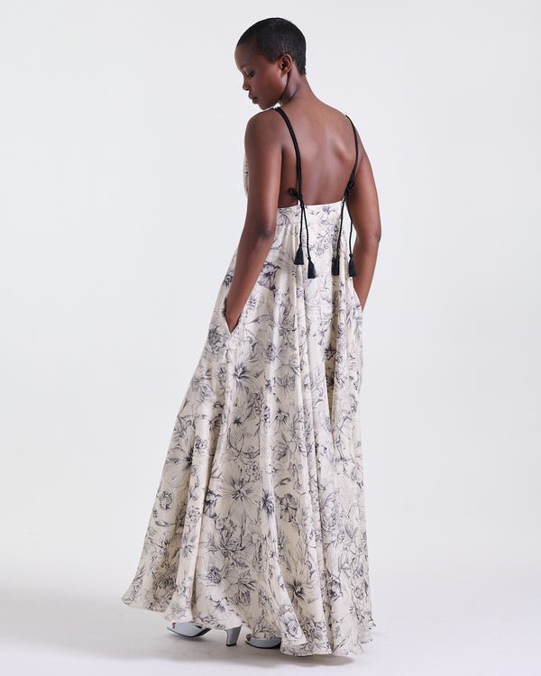 Assia Dress in White Printed, deep V-neckline, RSVP edit, Deméa Paris