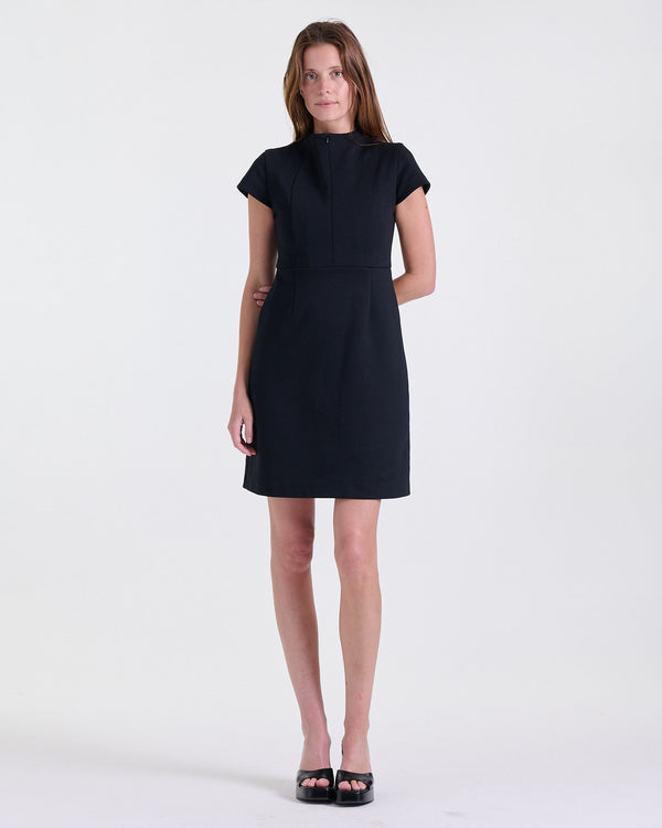 Deméa Paris Aurore Dress: black mock-neck sheath dress, studio shot.