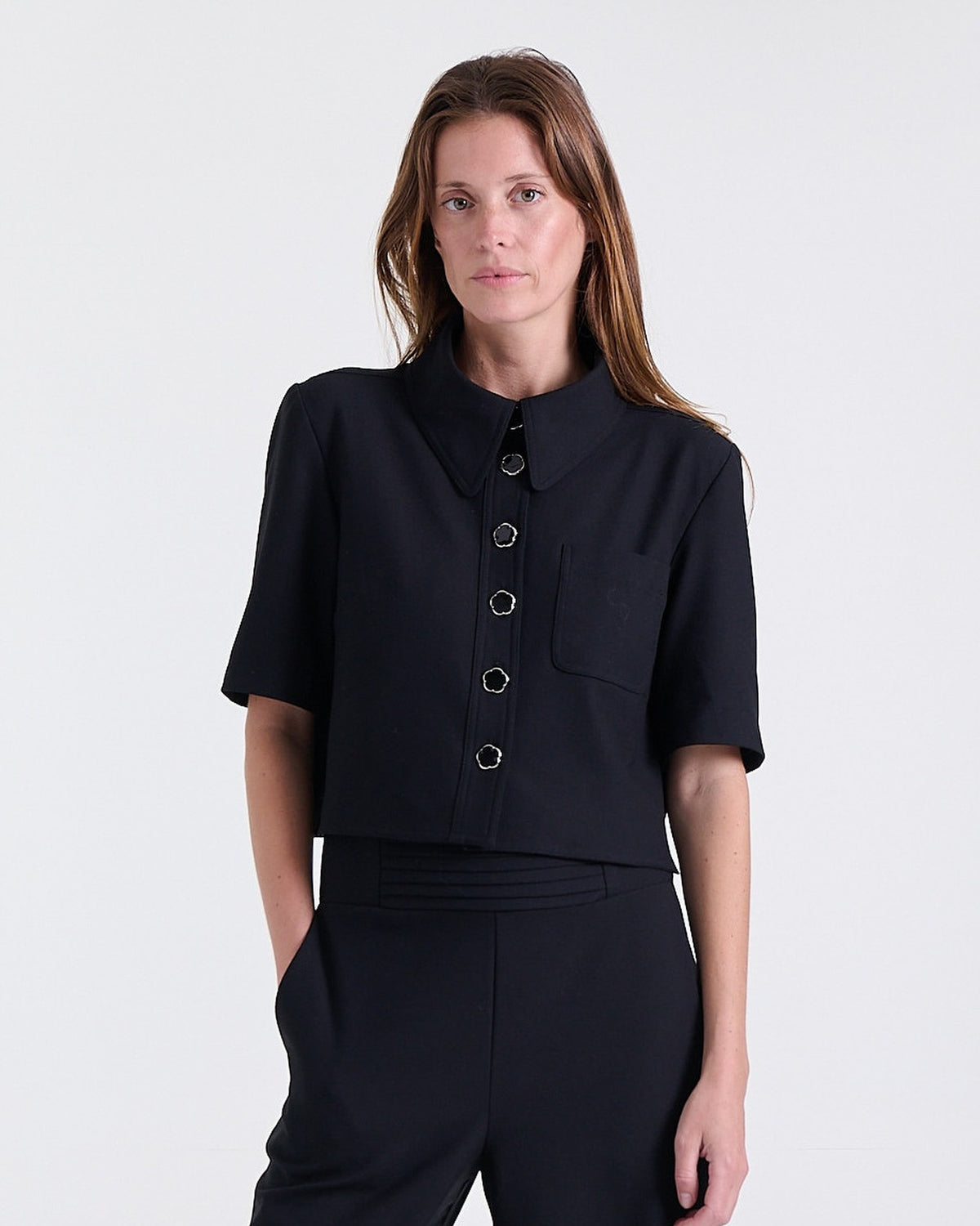 Ava Crepe Jacket in Black, main fabric: 67% polyester, 29% viscose, 4% elastane crepe, Work edit, Deméa Paris
