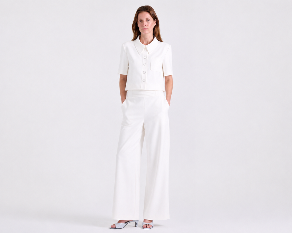 Ava Crepe Pants in Off White, high-waisted cummerbund waistband, Work edit, Deméa Paris