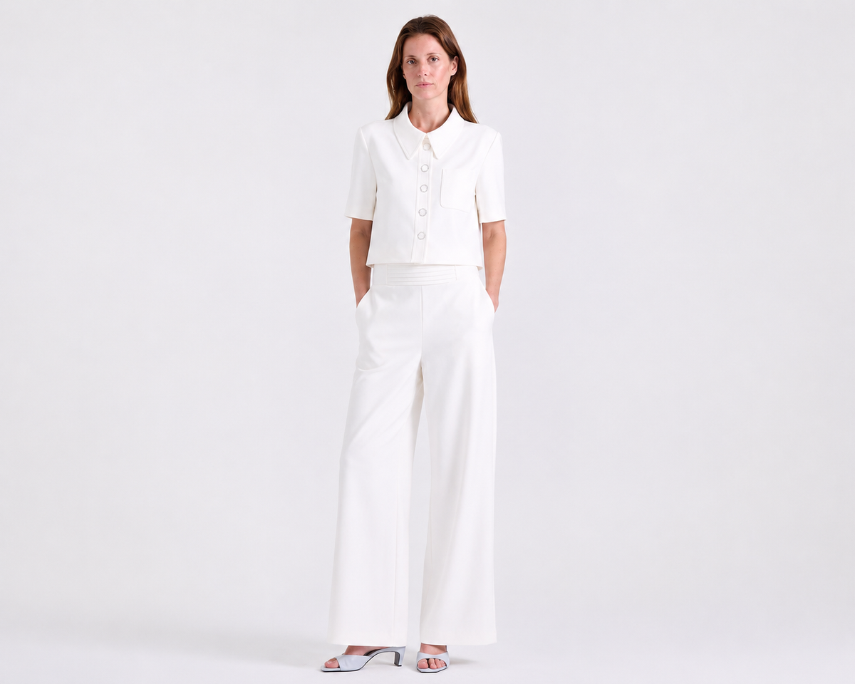 Ava Crepe Pants in Off White, high-waisted cummerbund waistband, Work edit, Deméa Paris