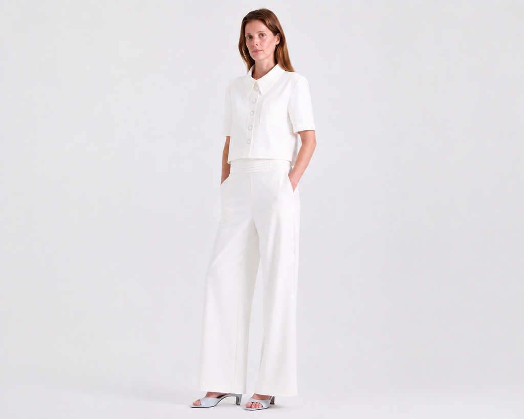 Ava Crepe Pants in Off White, front leg stitch detailing, Work edit, Deméa Paris