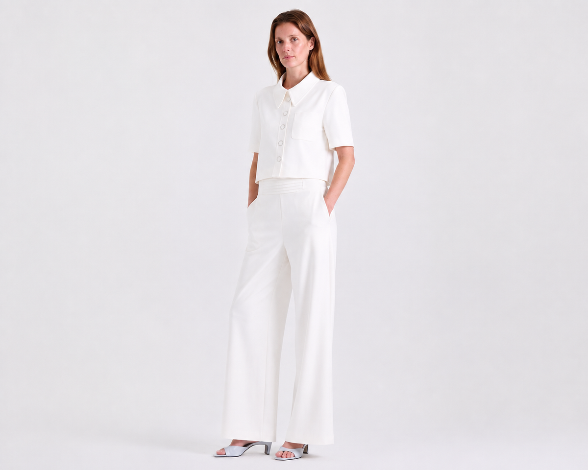 Ava Crepe Pants in Off White, front leg stitch detailing, Work edit, Deméa Paris