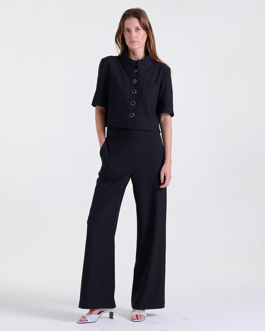 Ava Crepe Pants in Black, high-waisted cummerbund waistband, Work edit, Deméa Paris