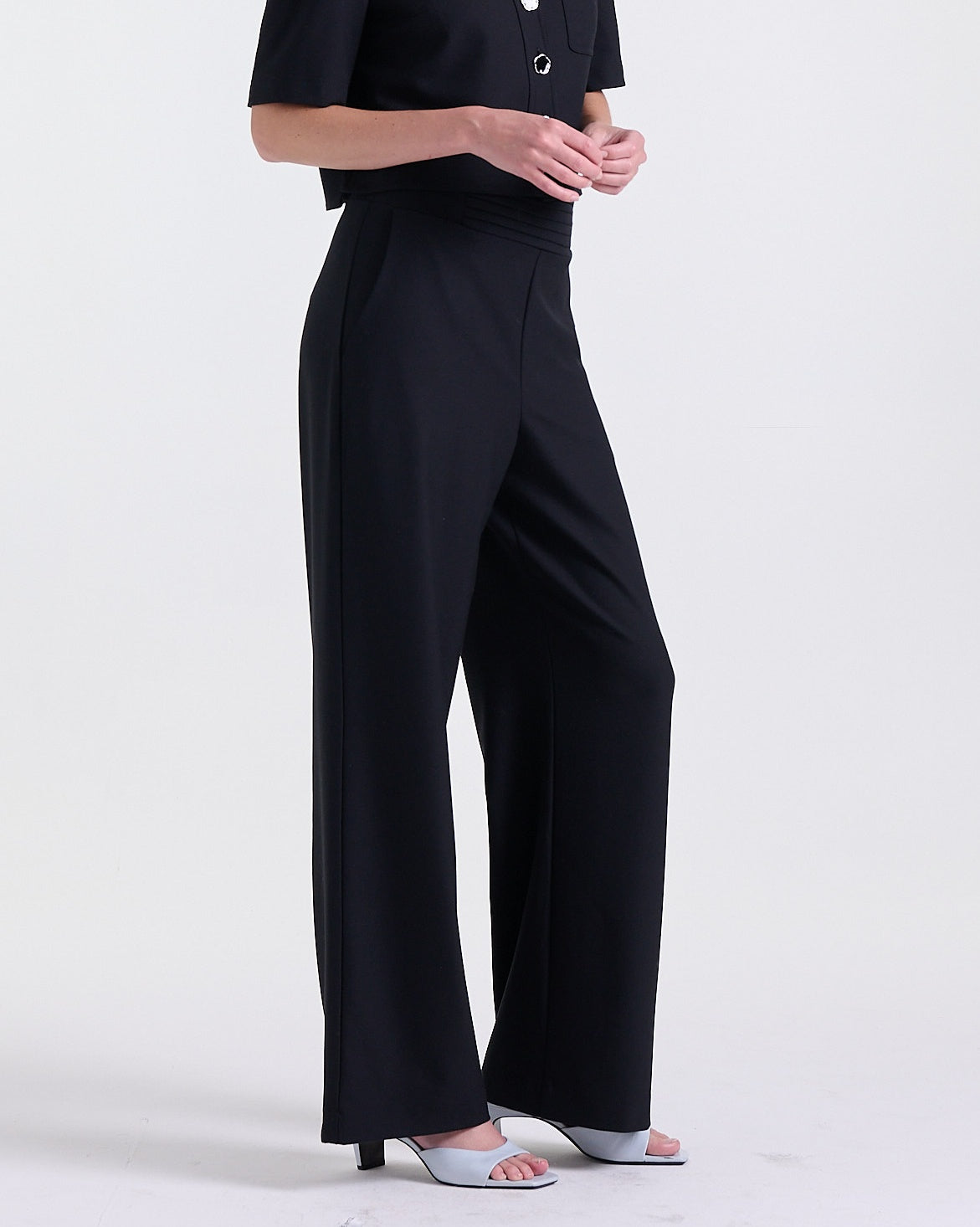 Ava Crepe Pants in Black, front leg stitch detailing, Work edit, Deméa Paris