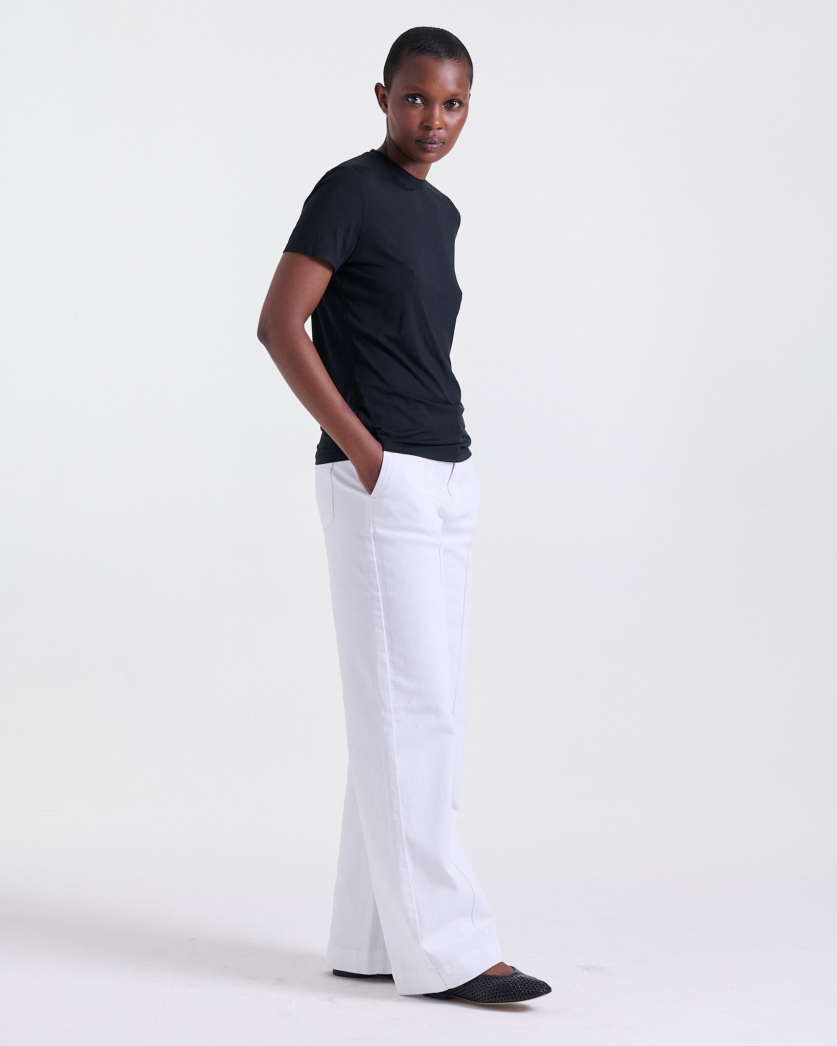 Amira T-shirt in Black, soft, fluid fabric, Boarding Call edit, Deméa Paris