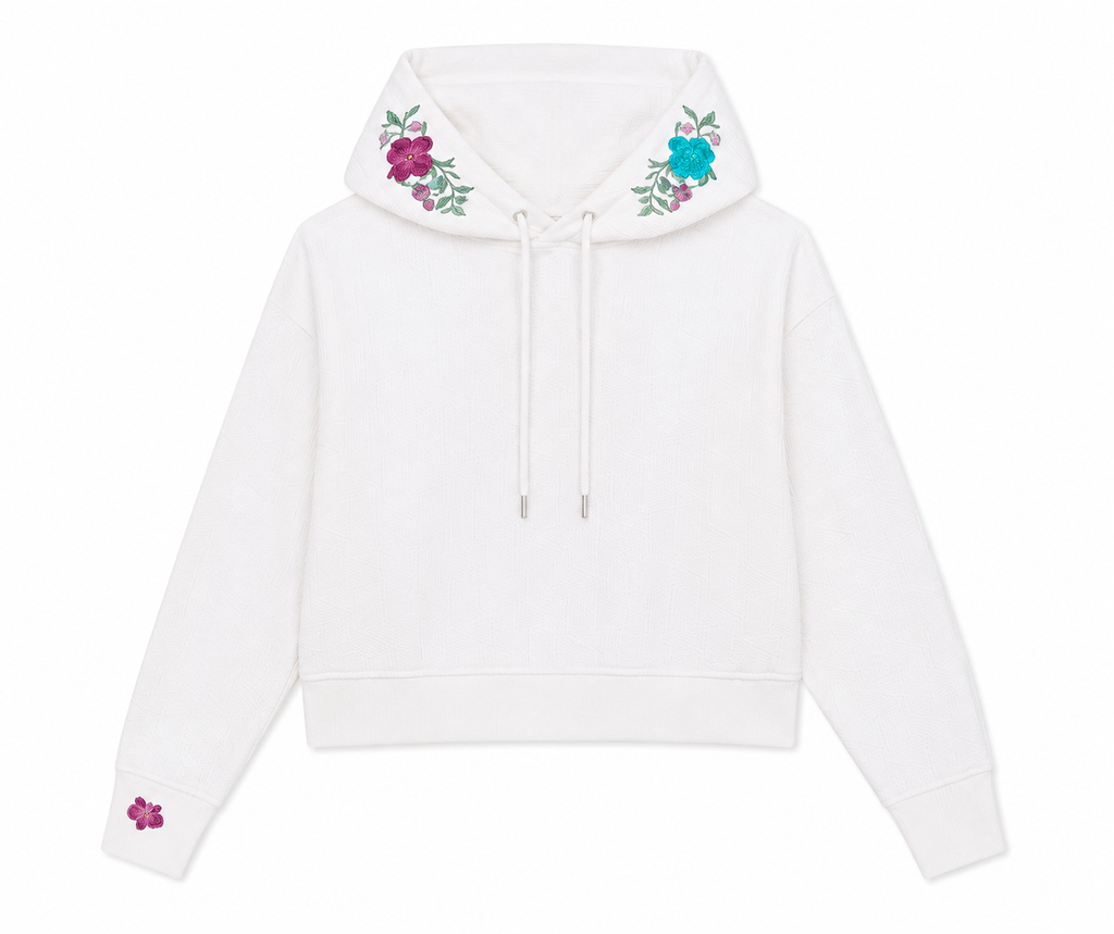 Alice Hoodie in Off White, soft stretch fabric, Boarding Call edit, Deméa Paris